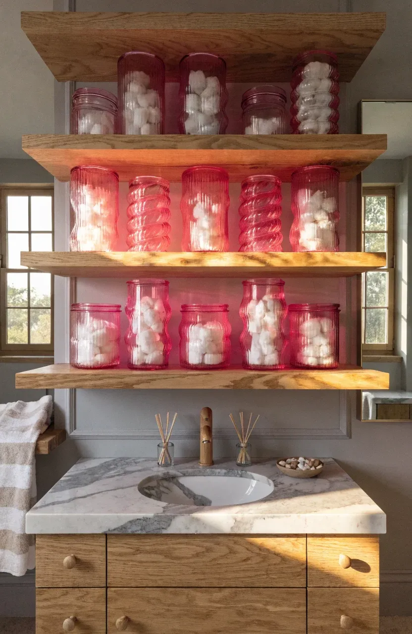 Floating oak wood shelves holding translucent hot pink glass jars in a bright bathroom.