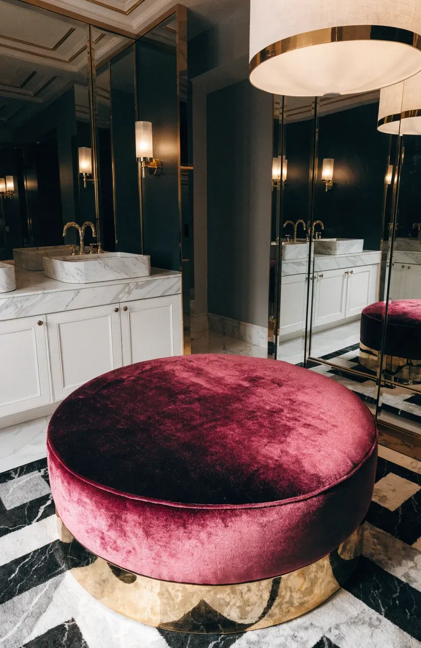 A luxurious dark pink velvet ottoman with a gold base in a white marble dressing room.