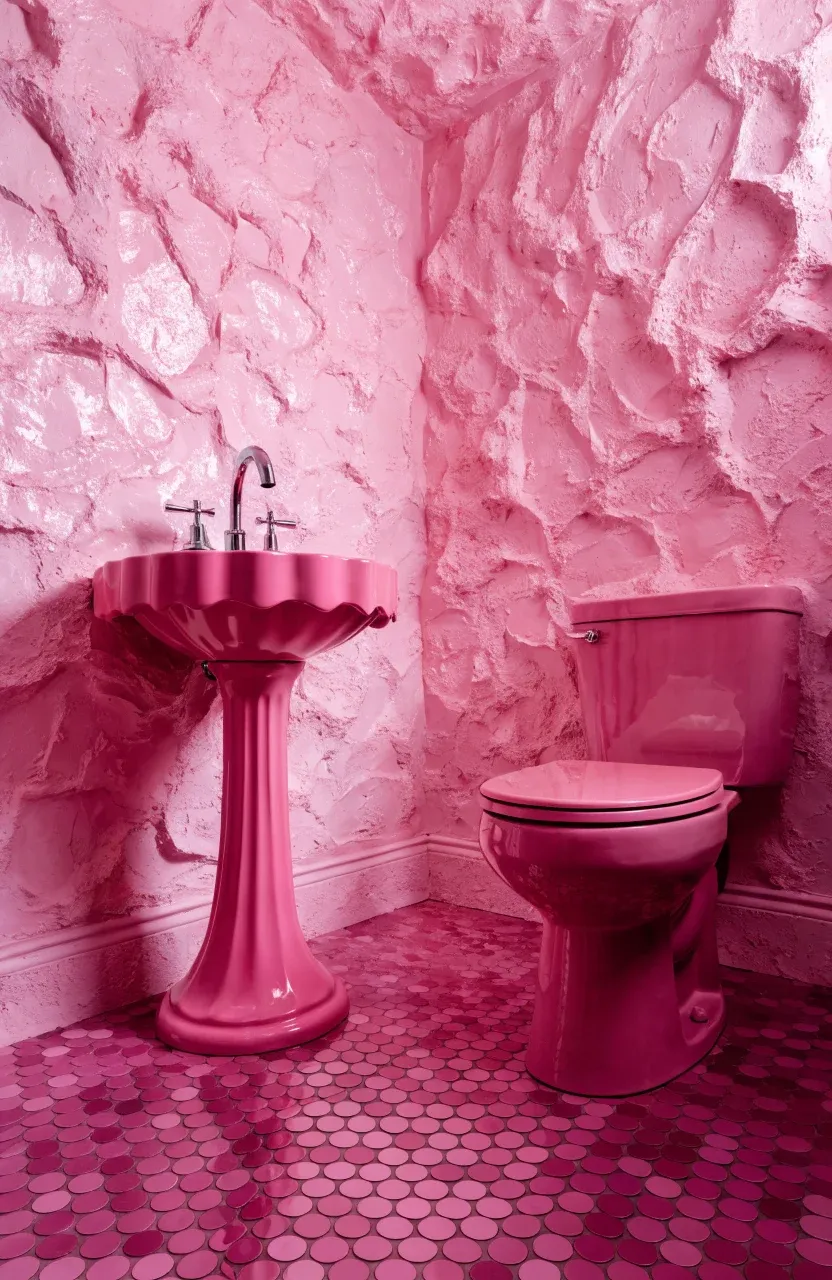 A fully pink bathroom with a matching pink ceramic toilet, sink, and tiled walls.