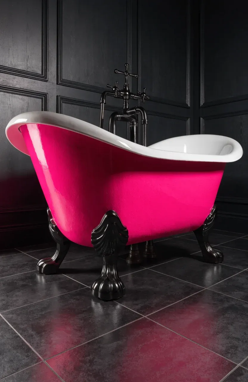 A black clawfoot bathtub with a bright pink exterior standing on a black tiled floor.