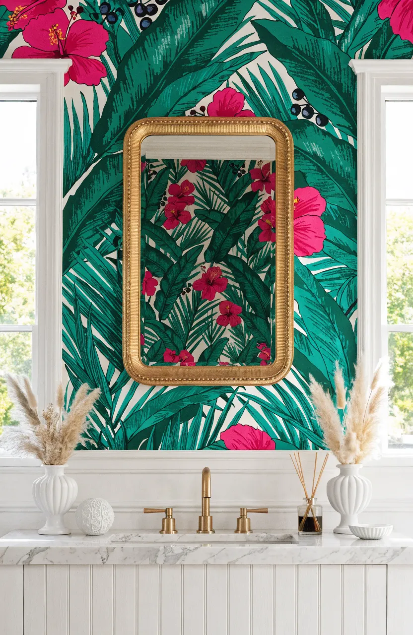 Green tropical leaf wallpaper with hot pink flowers above white wall paneling in a bathroom.