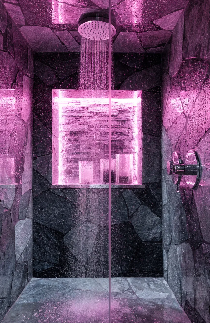 A modern gray tile shower with a built-in wall shelf glowing with pink LED light.