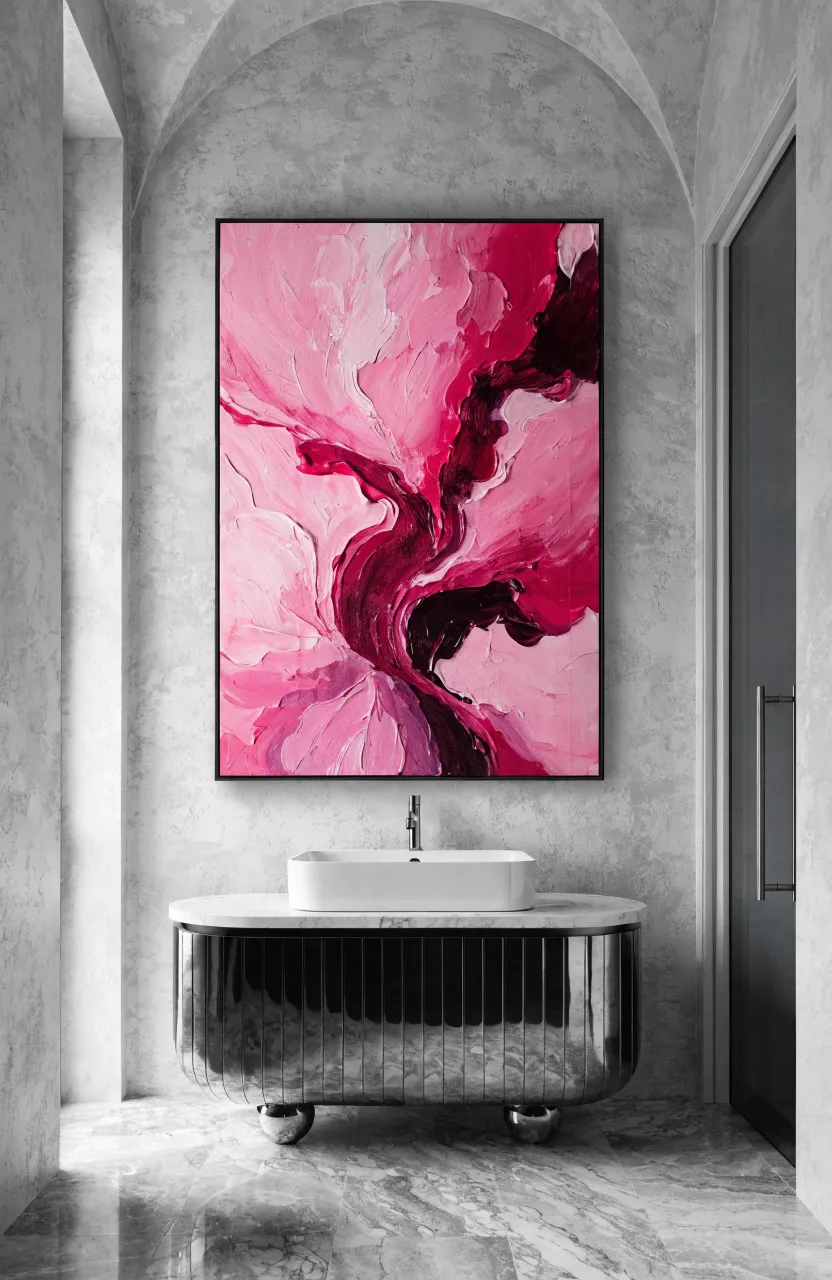 A large abstract painting with hot pink and magenta tones in a black frame on a gray bathroom wall.