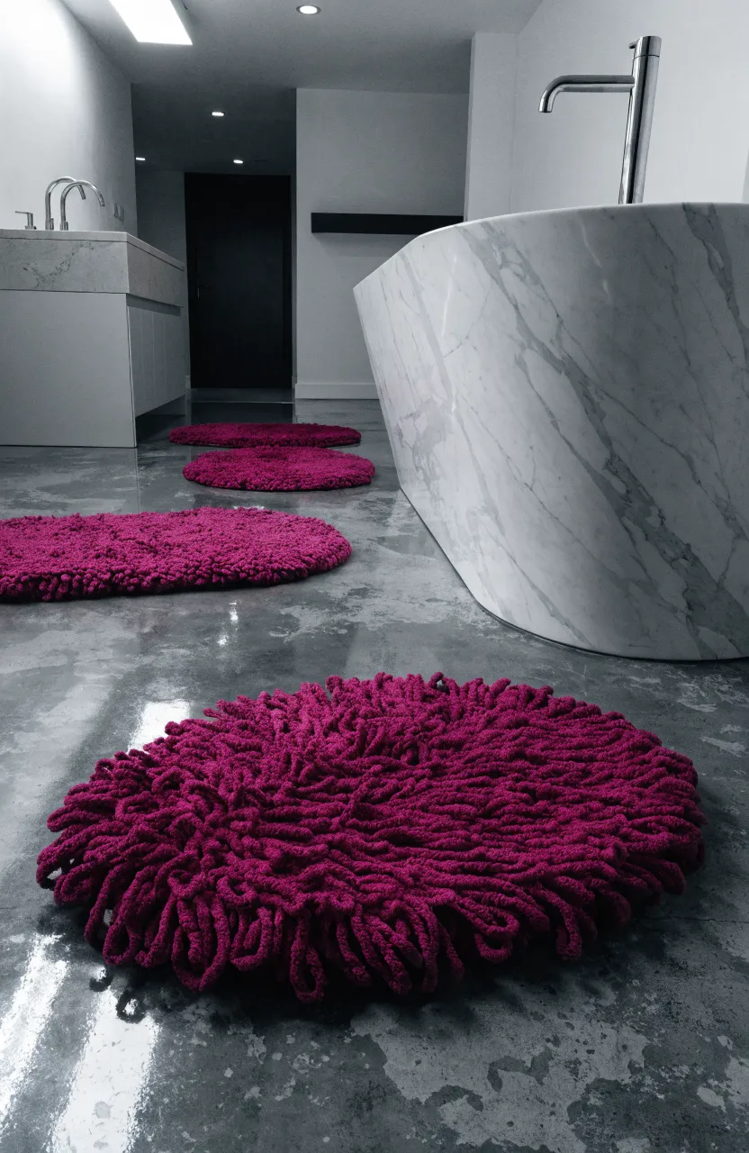 Plush magenta bath mats on a polished gray concrete floor in a modern industrial bathroom.