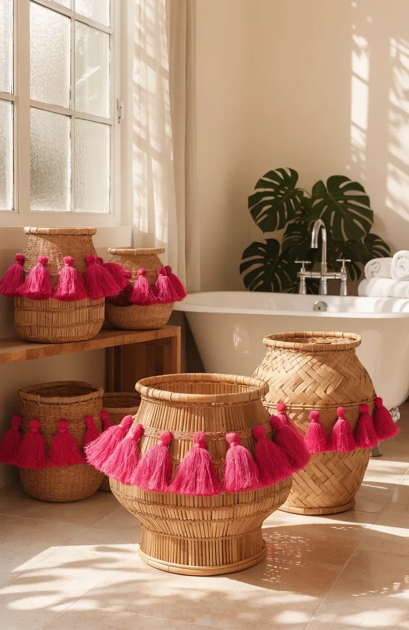 Natural bamboo baskets with hot pink tassels used for storage in a bright bathroom.