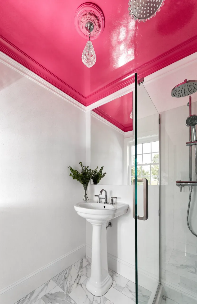 A small bathroom with white walls and a bold hot pink painted ceiling.