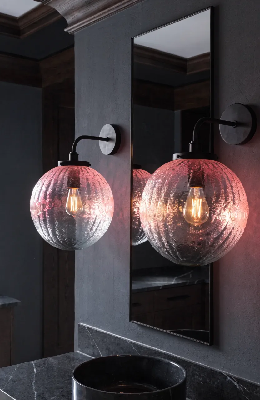 Industrial wall sconces with pink tinted glass globes flanking a bathroom mirror.