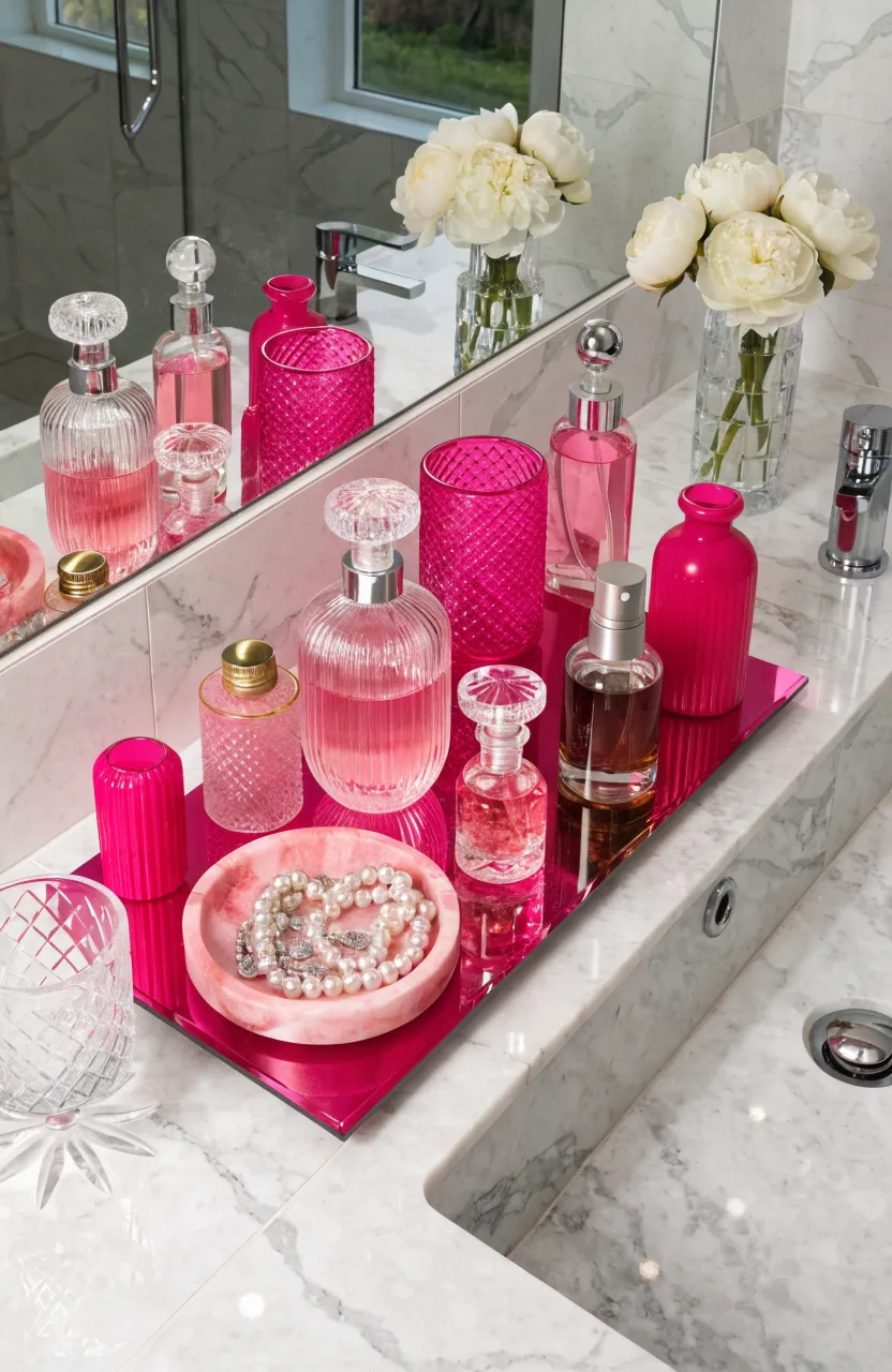 A hot pink lacquer tray and organizers on a white marble bathroom vanity.