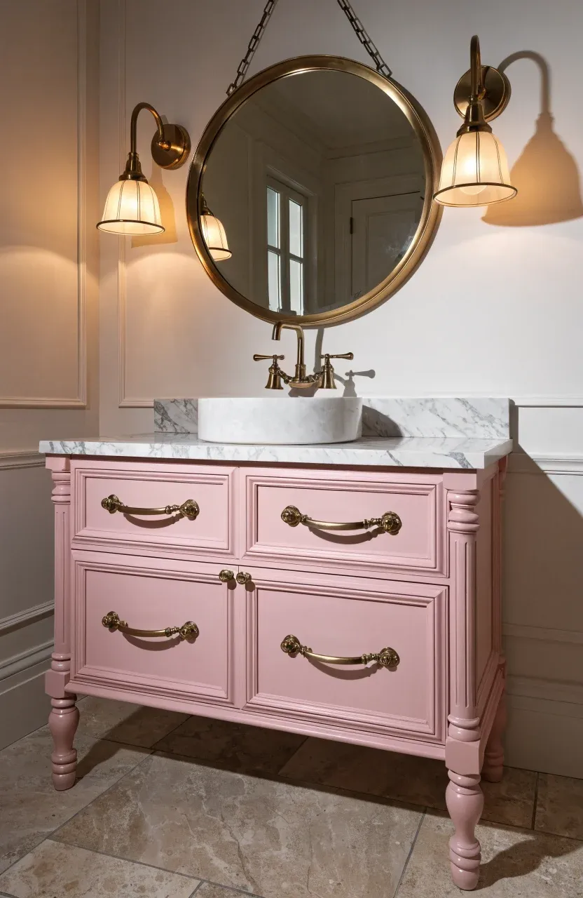 A soft pink bathroom vanity with brushed brass handles and a white marble countertop.