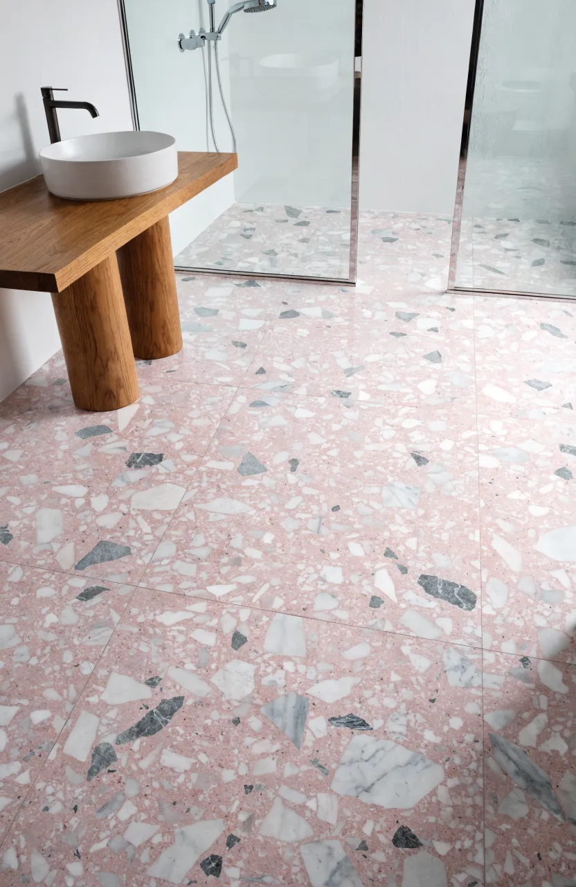 Pale pink terrazzo bathroom floor with grey and white stone flecks in a modern interior.