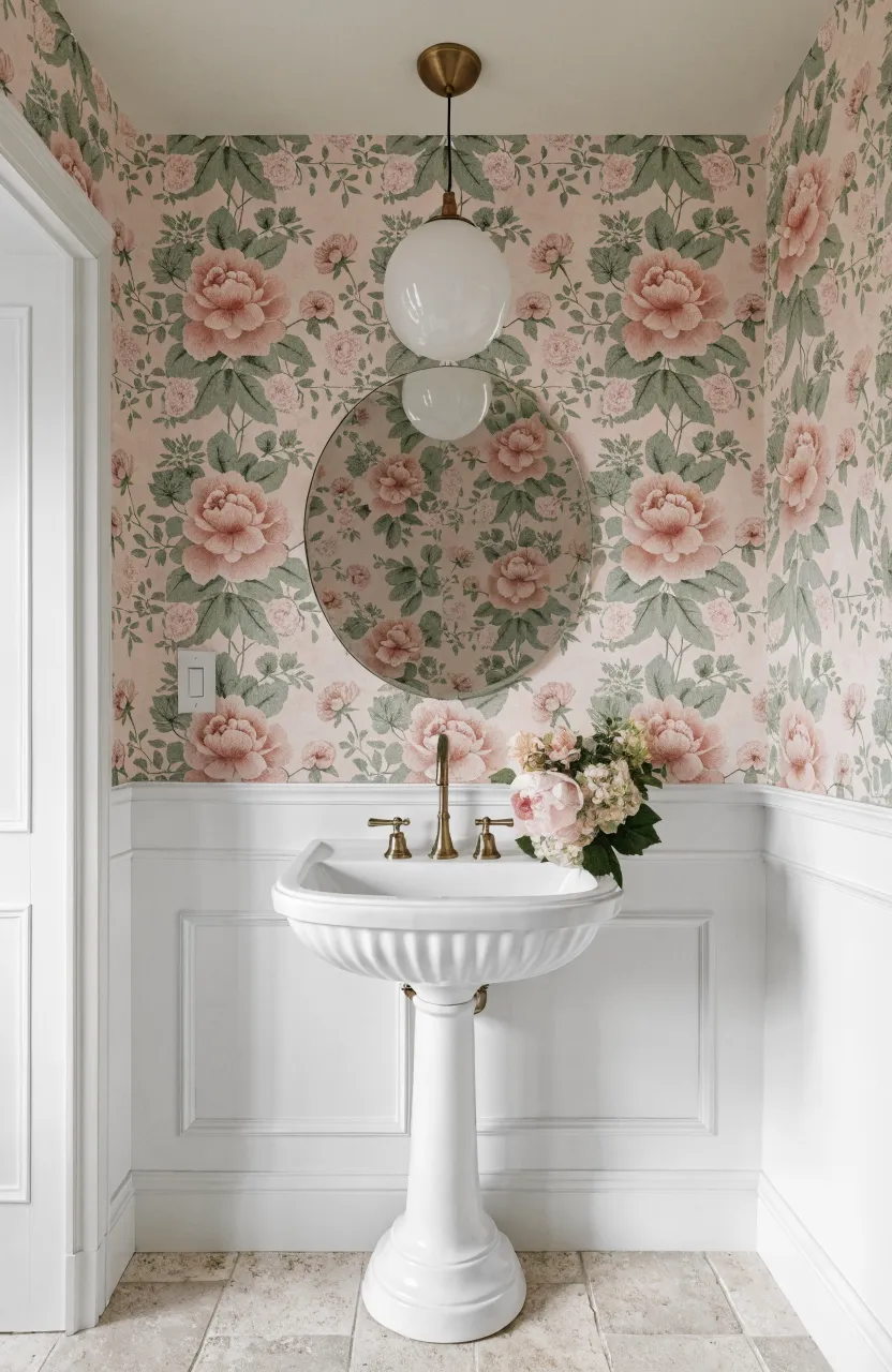 Bathroom wall with blush pink and sage green botanical floral wallpaper above white paneling.