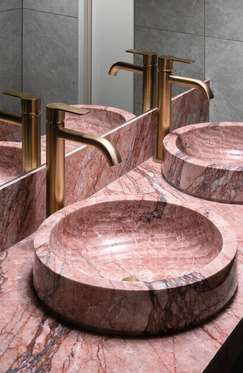 Pink marble bathroom countertop with elegant brushed gold faucets and natural veining.