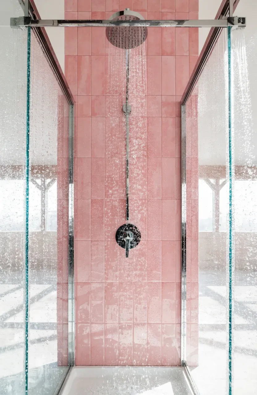 Modern shower with soft pink rectangular tiles stacked vertically for a contemporary look.