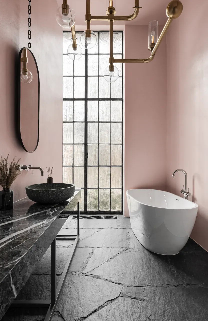 A modern bathroom with pale pink walls and dark grey slate tile flooring.