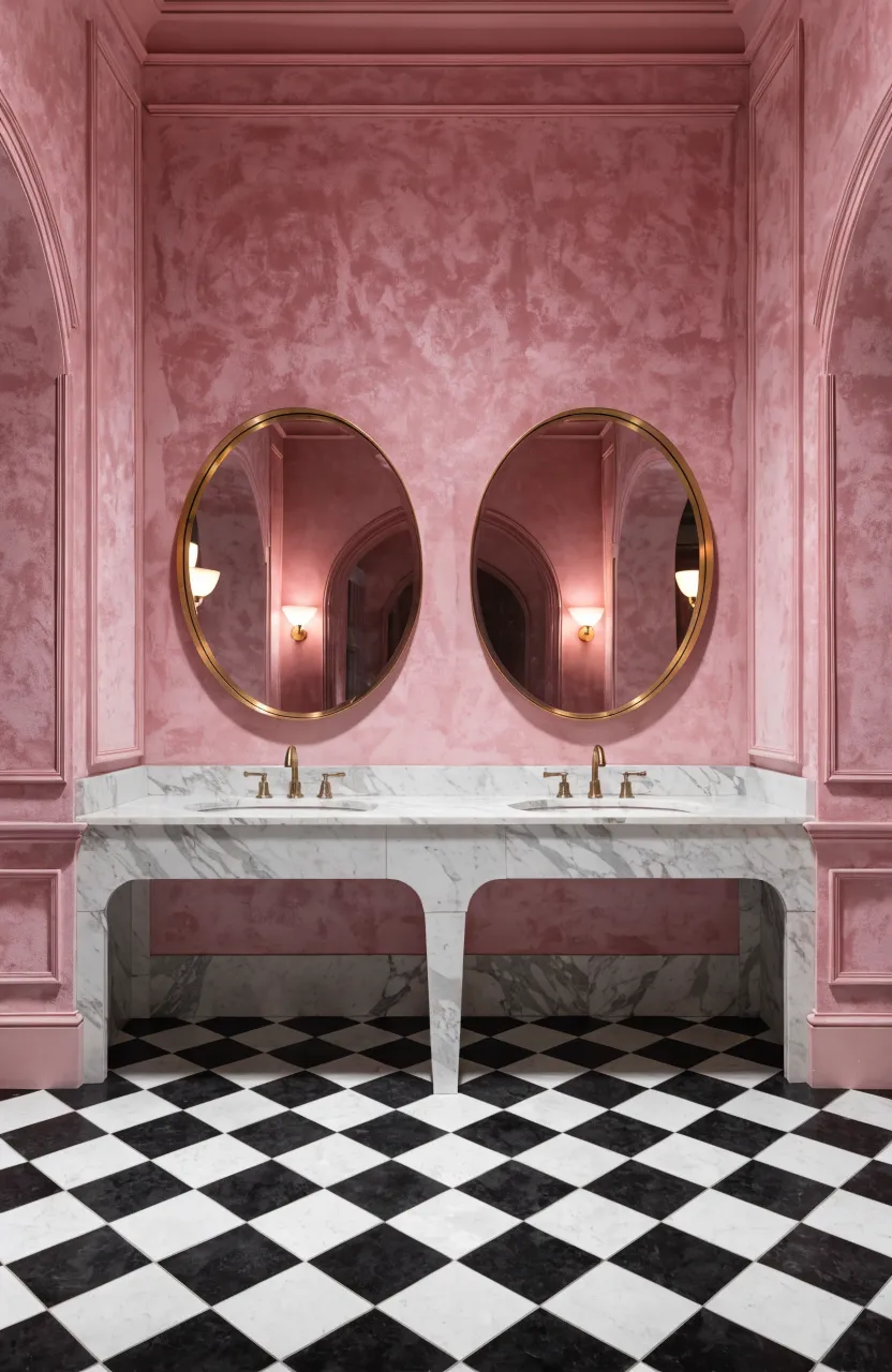 Two round gold-framed mirrors hanging on a dusty pink bathroom wall above a vanity.