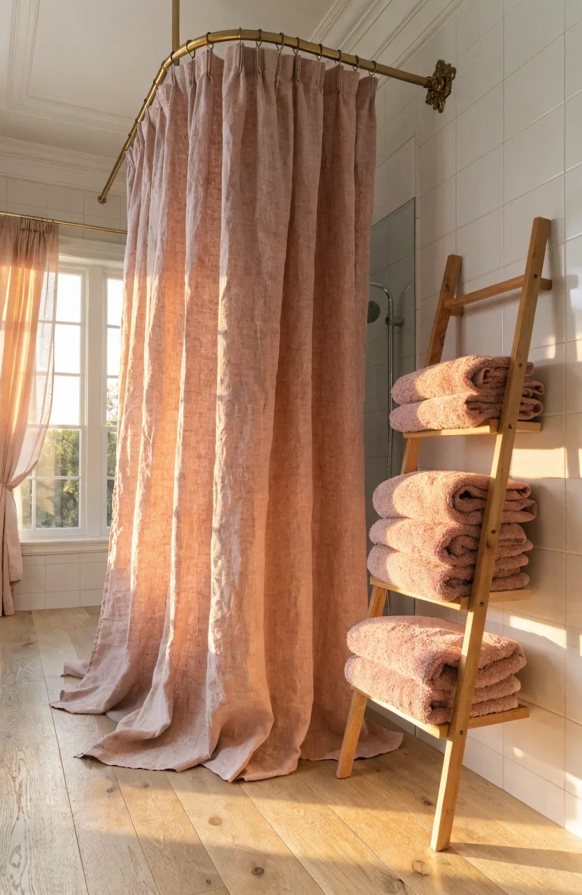 A blush pink linen shower curtain and matching plush towels in a bright bathroom.
