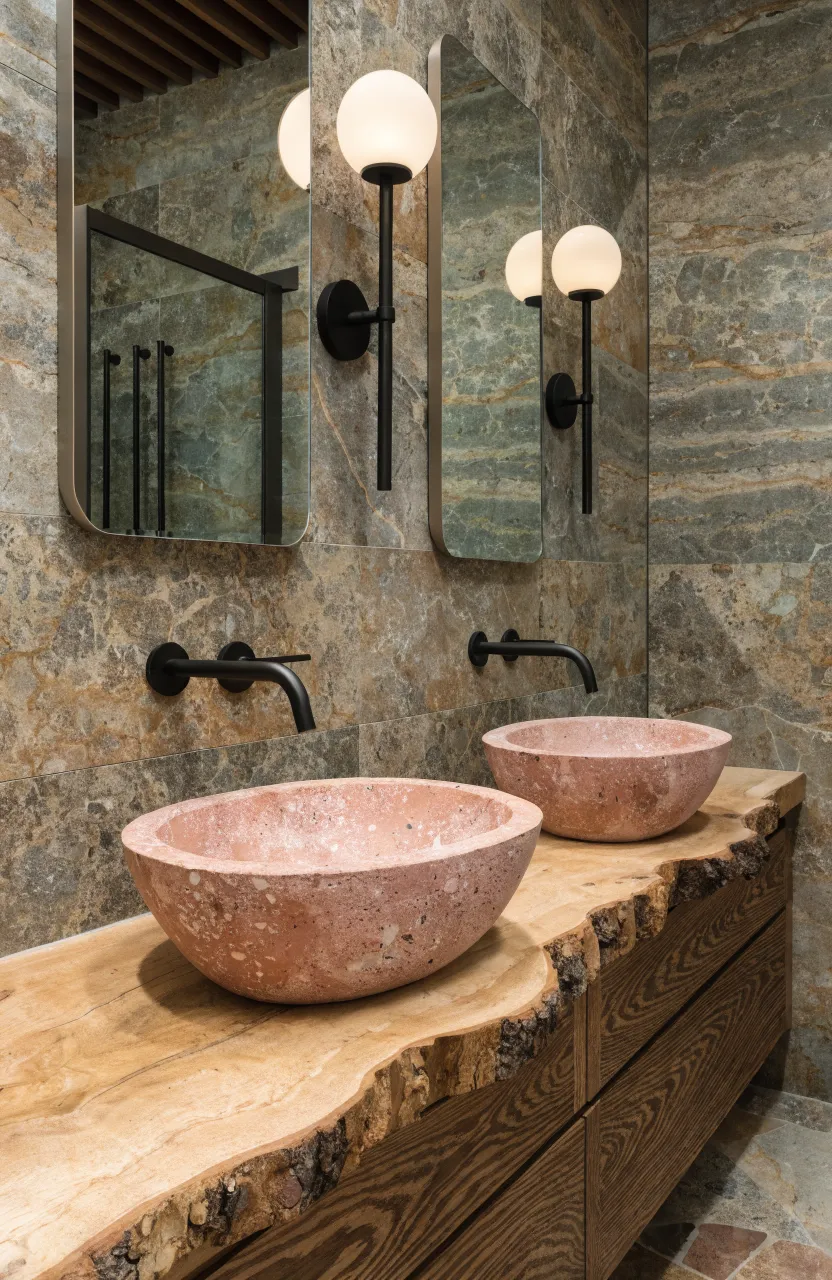Modern pink concrete vessel sinks sitting on a rustic wooden bathroom vanity.