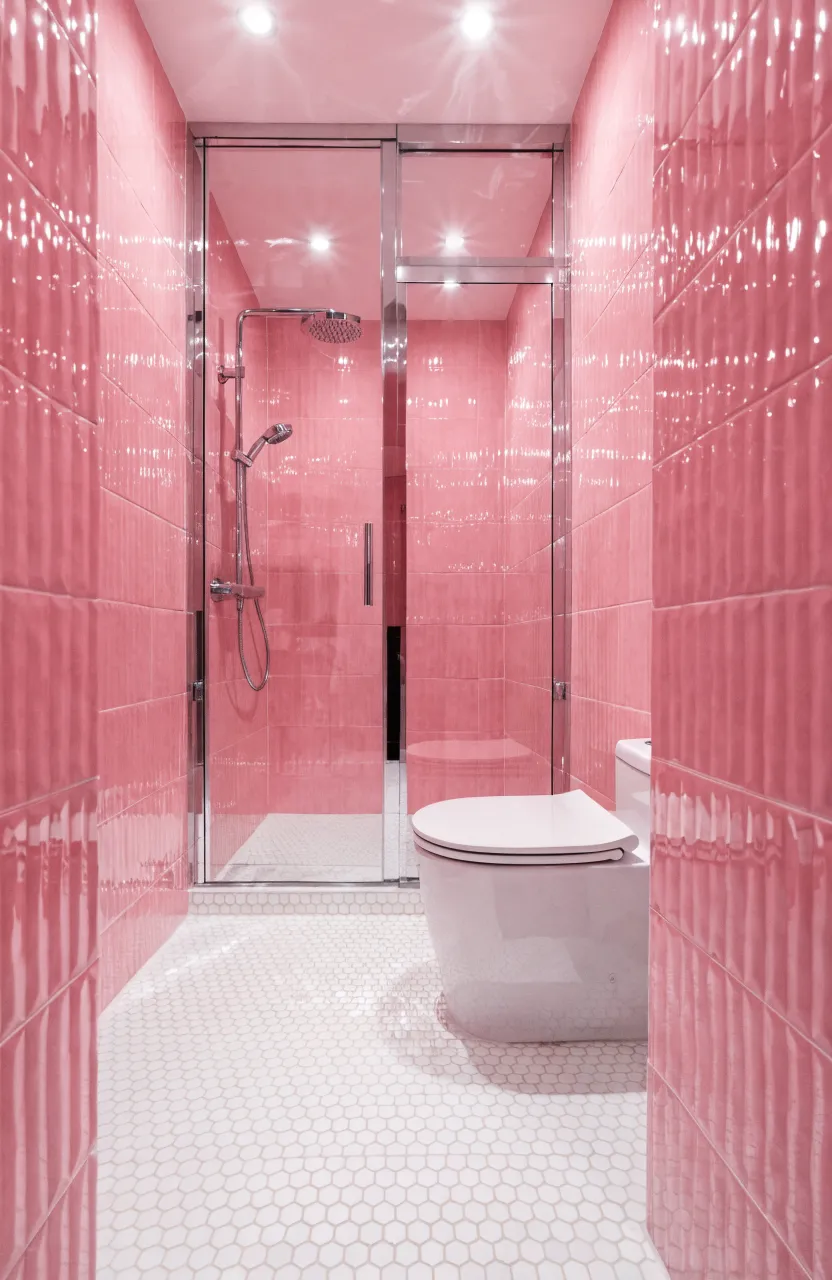 A small bathroom with reflective high-gloss pink wall tiles and bright lighting.