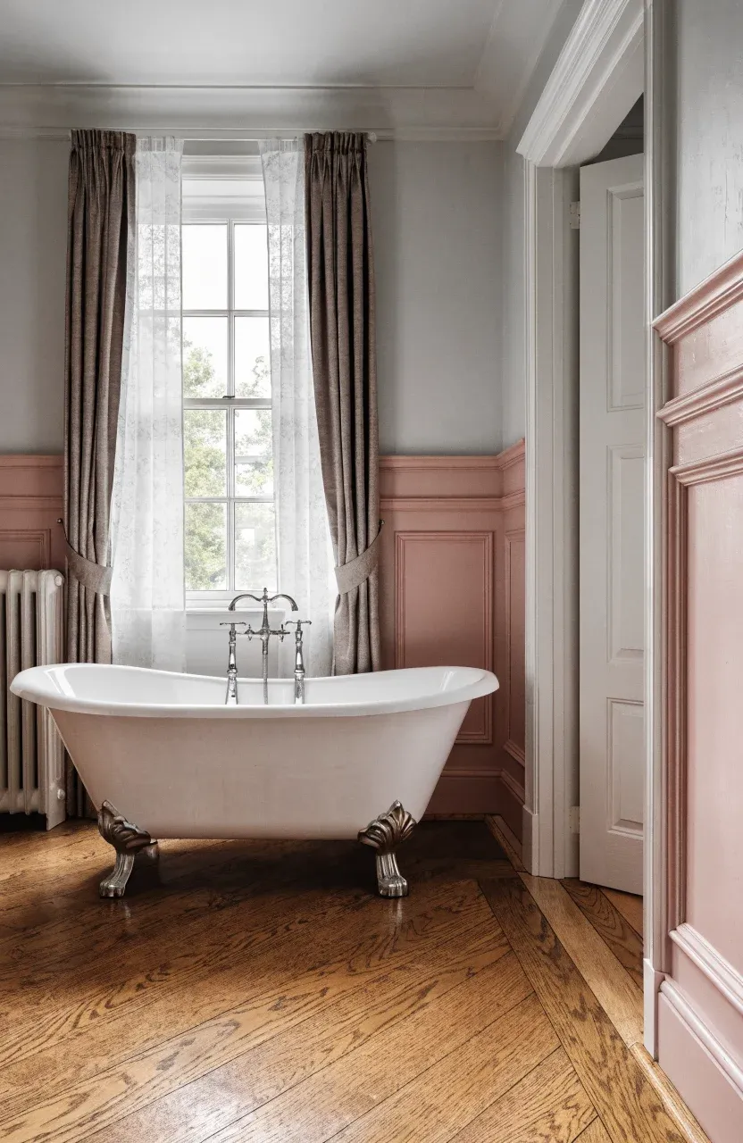 Bathroom walls featuring pink wooden wainscoting on the bottom and grey paint on top.