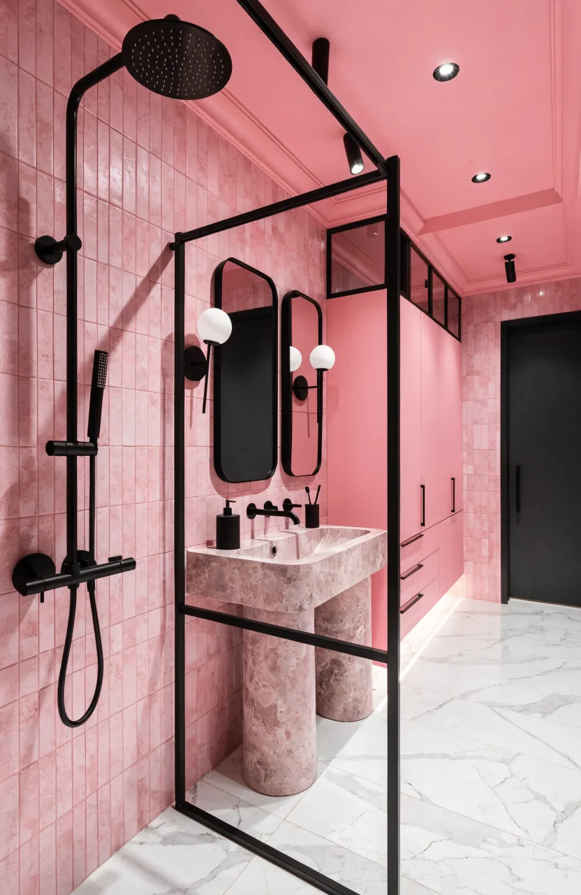 A soft pink bathroom modernized with matte black metal shower frames and faucets.