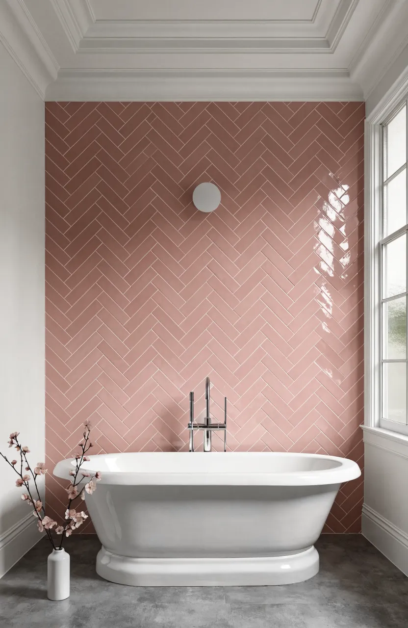 A modern bathroom featuring a stunning blush pink herringbone tile accent wall behind a white bathtub.