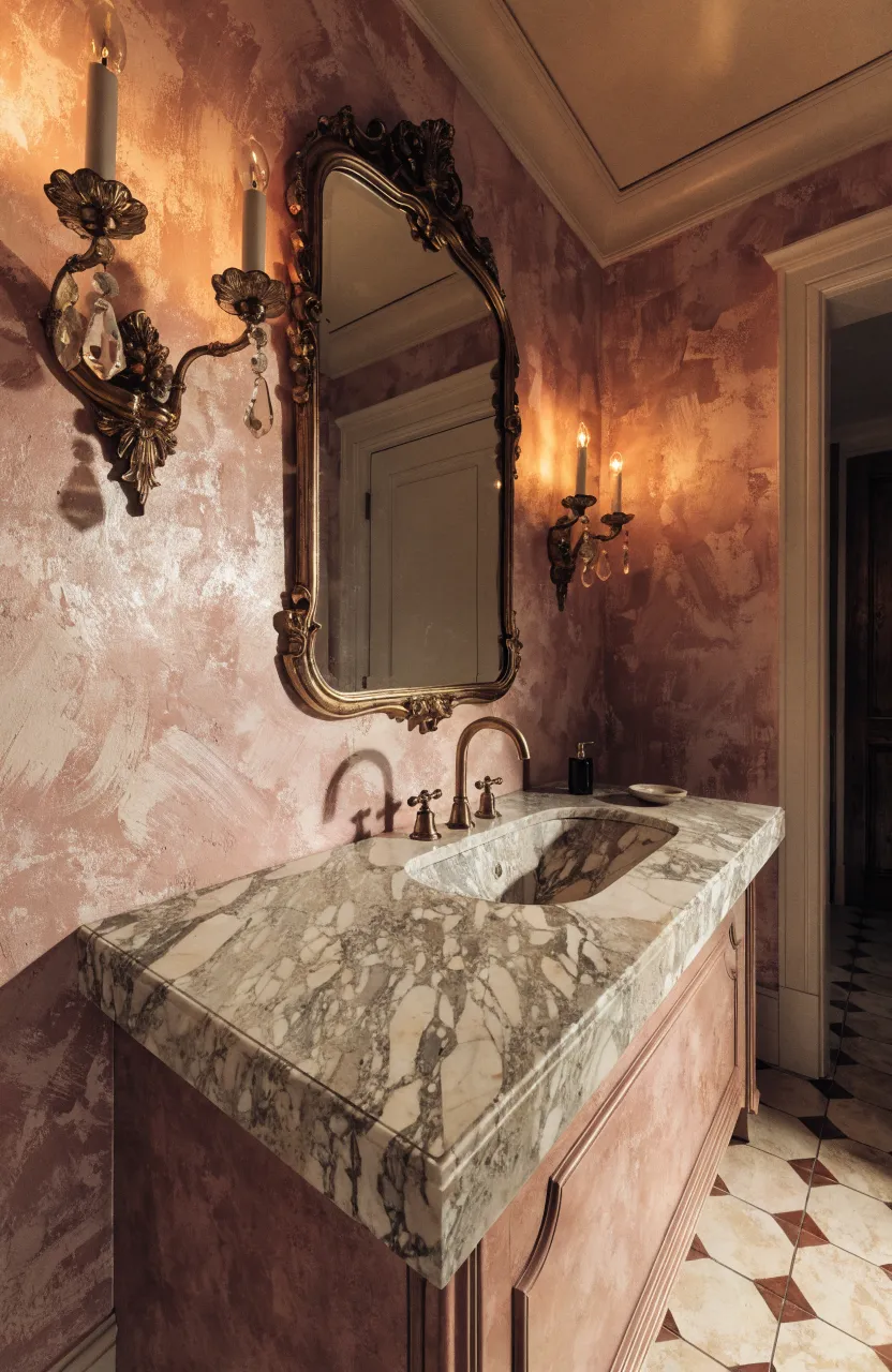 Antique gold sconces glowing against a textured dusty pink lime-wash wall in a luxury bathroom.