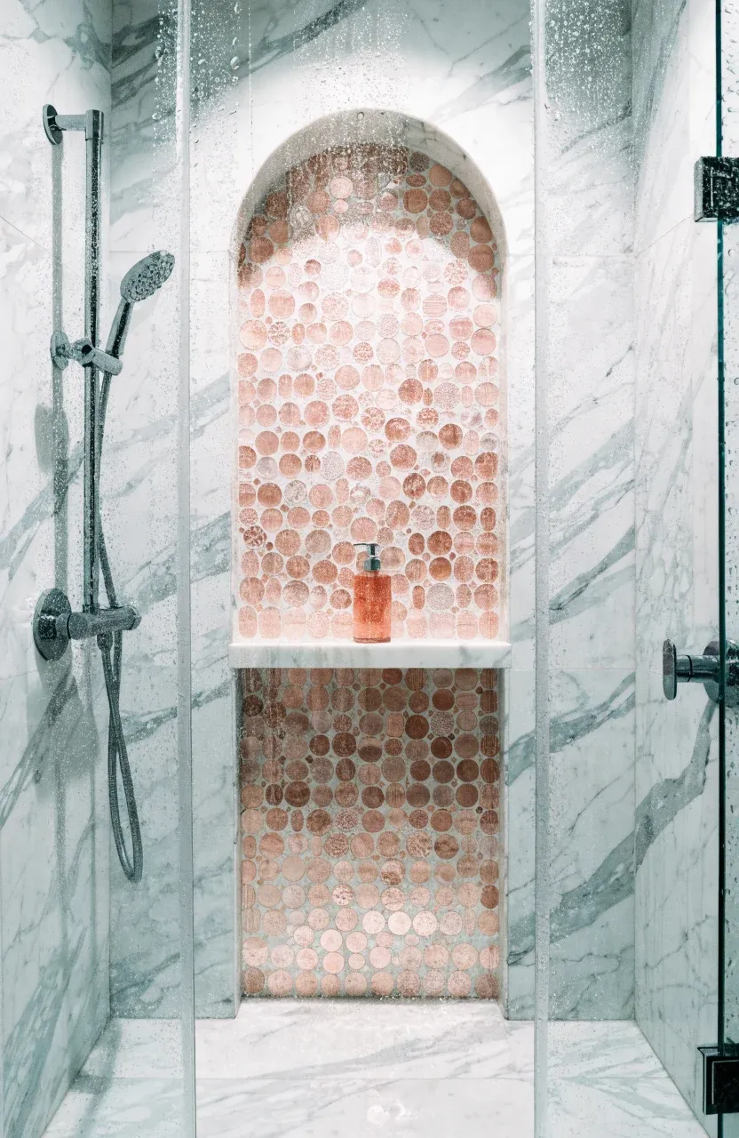 A modern shower with white marble walls and a decorative arched niche filled with pink mosaic tiles.