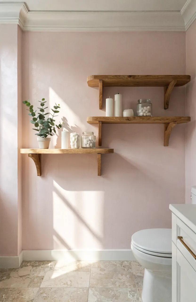 Natural oak wood floating shelves on a pale pink wall decorated with plants and candles.