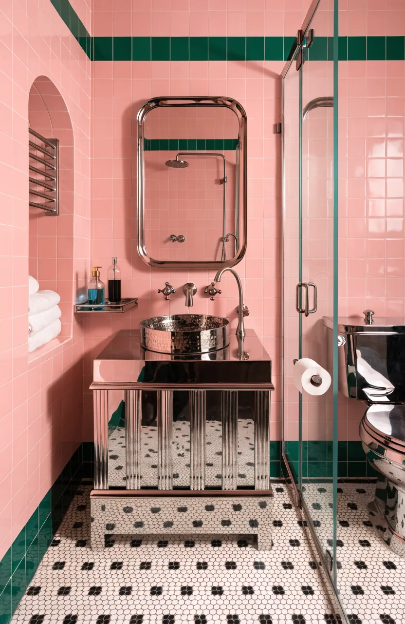A bathroom with blush pink wall tiles featuring a striking emerald green decorative tile border.