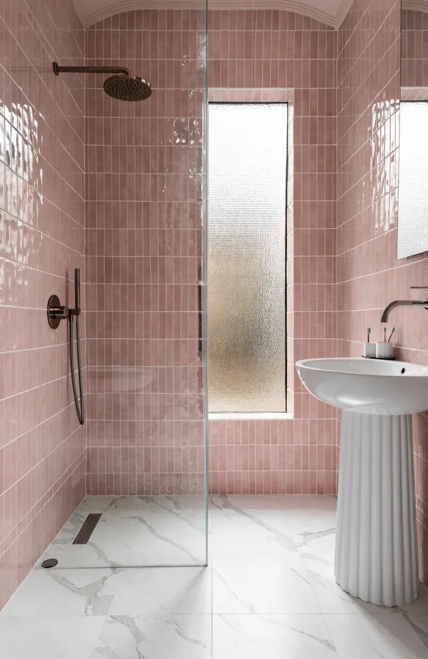 Modern bathroom with vertical blush pink subway tiles and white grout in a glass shower.