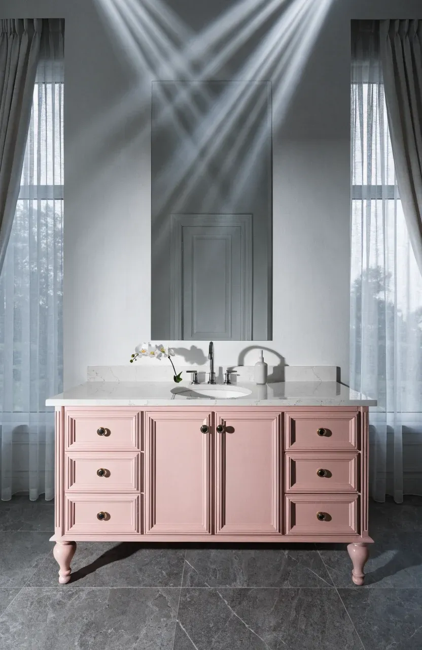A pale pink bathroom vanity with a white quartz countertop and minimalist decor.