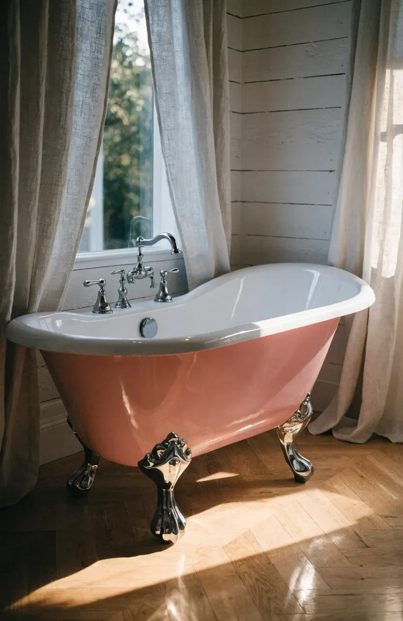 A soft pink clawfoot bathtub with chrome feet against a white shiplap wall.