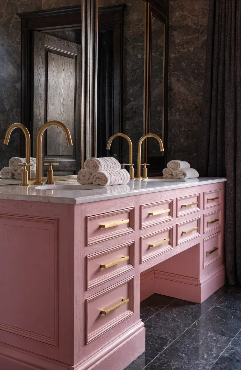 Baby pink bathroom cabinets with matte gold handles and a gold faucet.