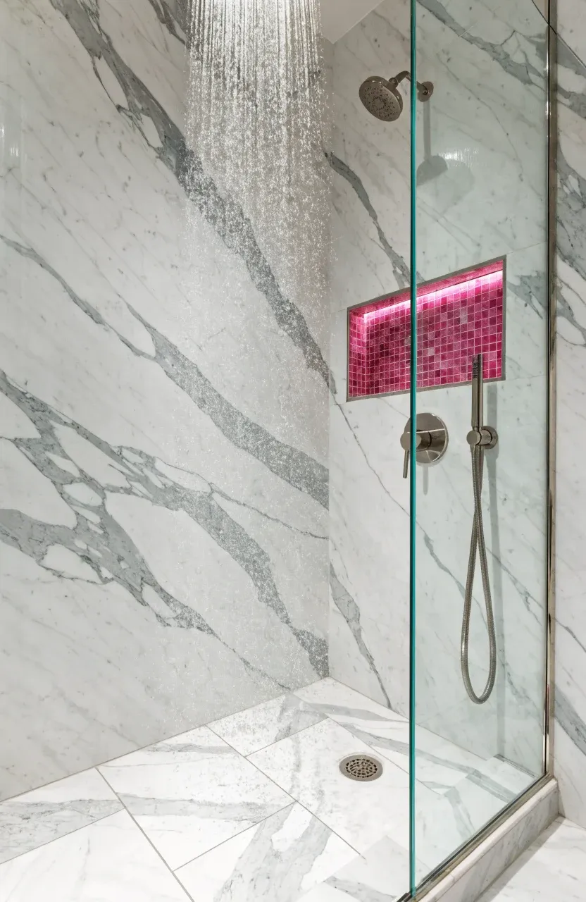 White marble shower wall with a small recessed niche featuring pink mosaic tiles.