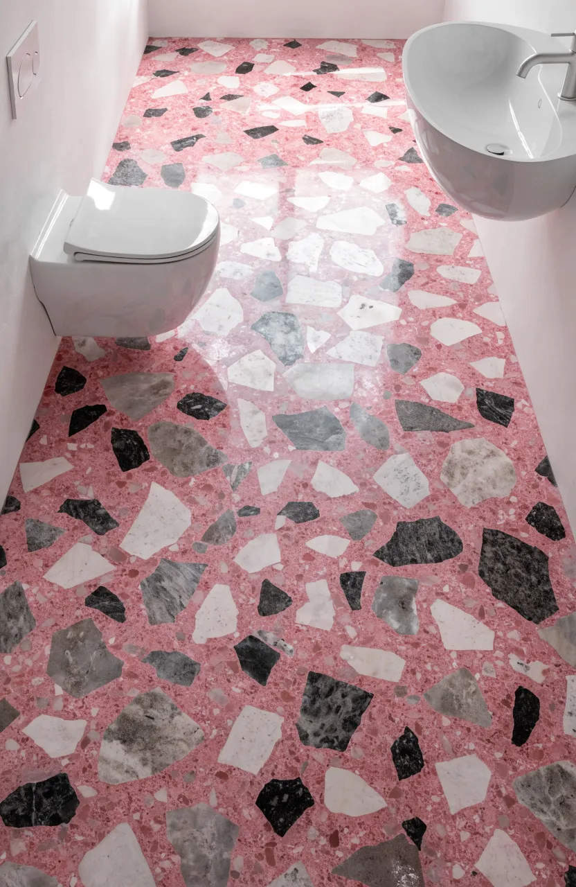 Modern bathroom with pink terrazzo flooring and minimalist white sanitary ware.