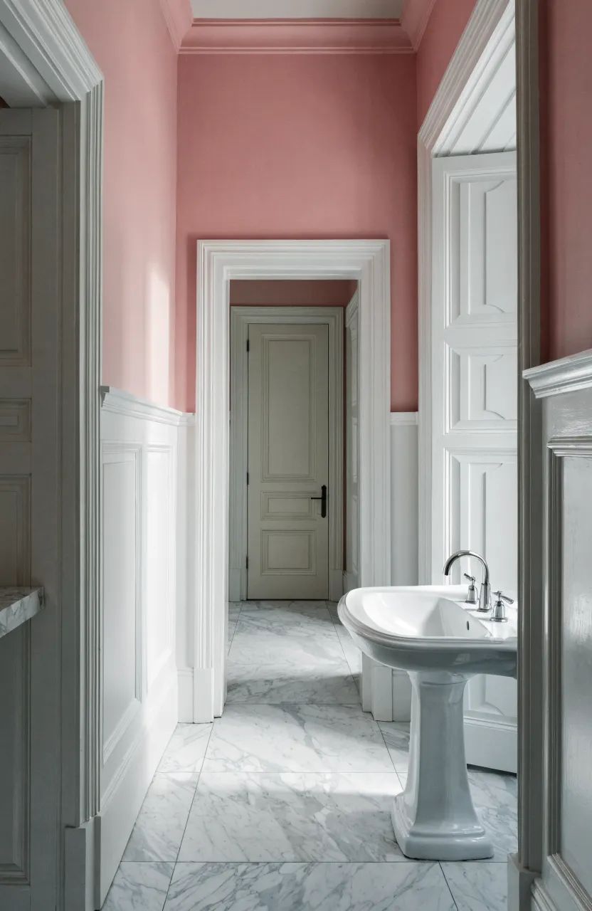 Modern bathroom with dusty pink upper walls and white picture frame molding on the lower half.