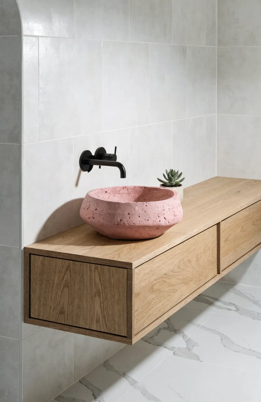 A floating white oak vanity with a modern pink concrete vessel sink in a bright bathroom.