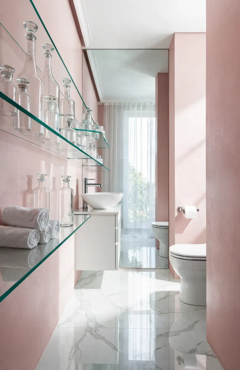 Small blush pink bathroom with frameless mirrors and clear glass shelves for an airy look.