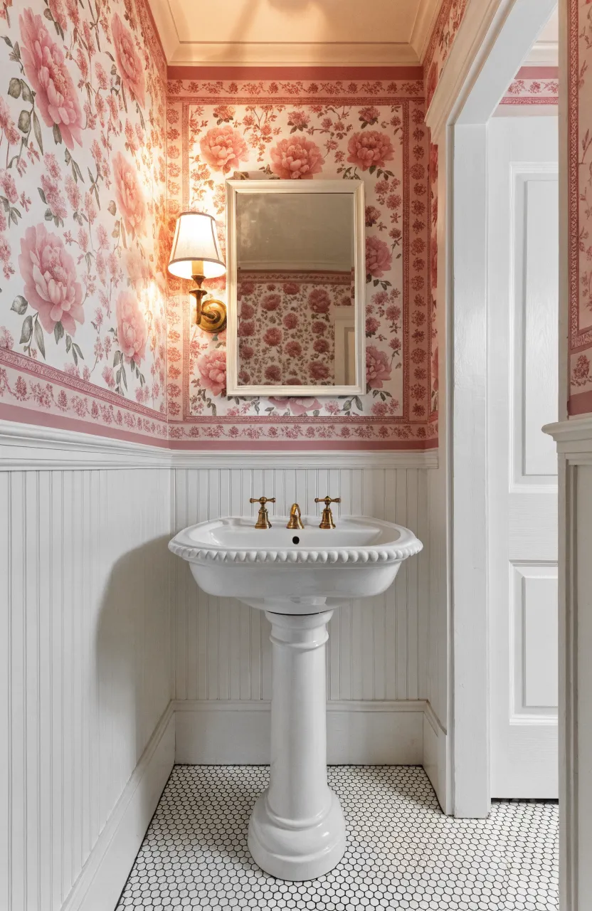 Powder room with pink floral wallpaper and white beadboard wainscoting on the lower walls.