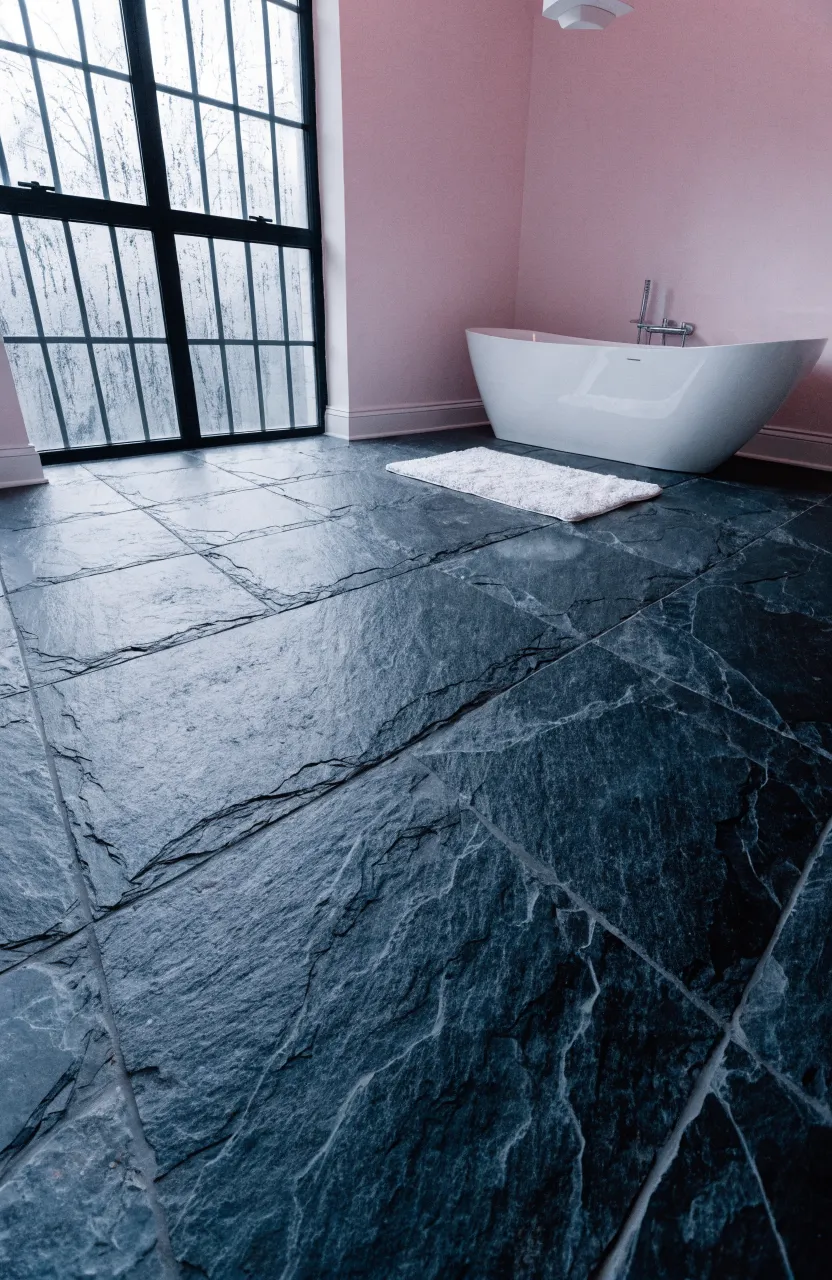 Modern bathroom with pale pink walls and textured charcoal grey slate tile flooring.
