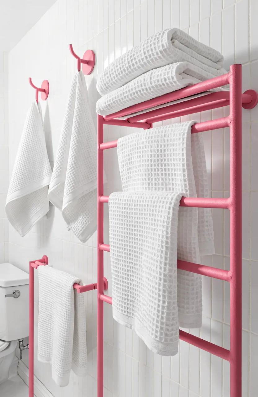 White waffle weave towels hanging on modern pink powder-coated metal towel racks.
