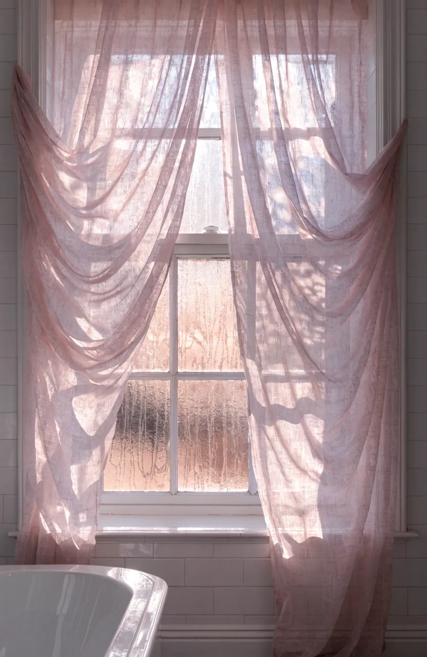 Frosted bathroom window with soft pink sheer curtains creating a warm, diffused glow.