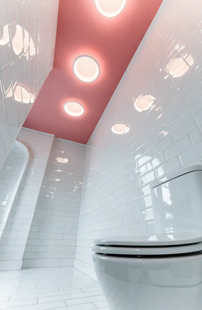 A modern bathroom with white subway tile walls, a bold dusty pink ceiling, and recessed lighting.