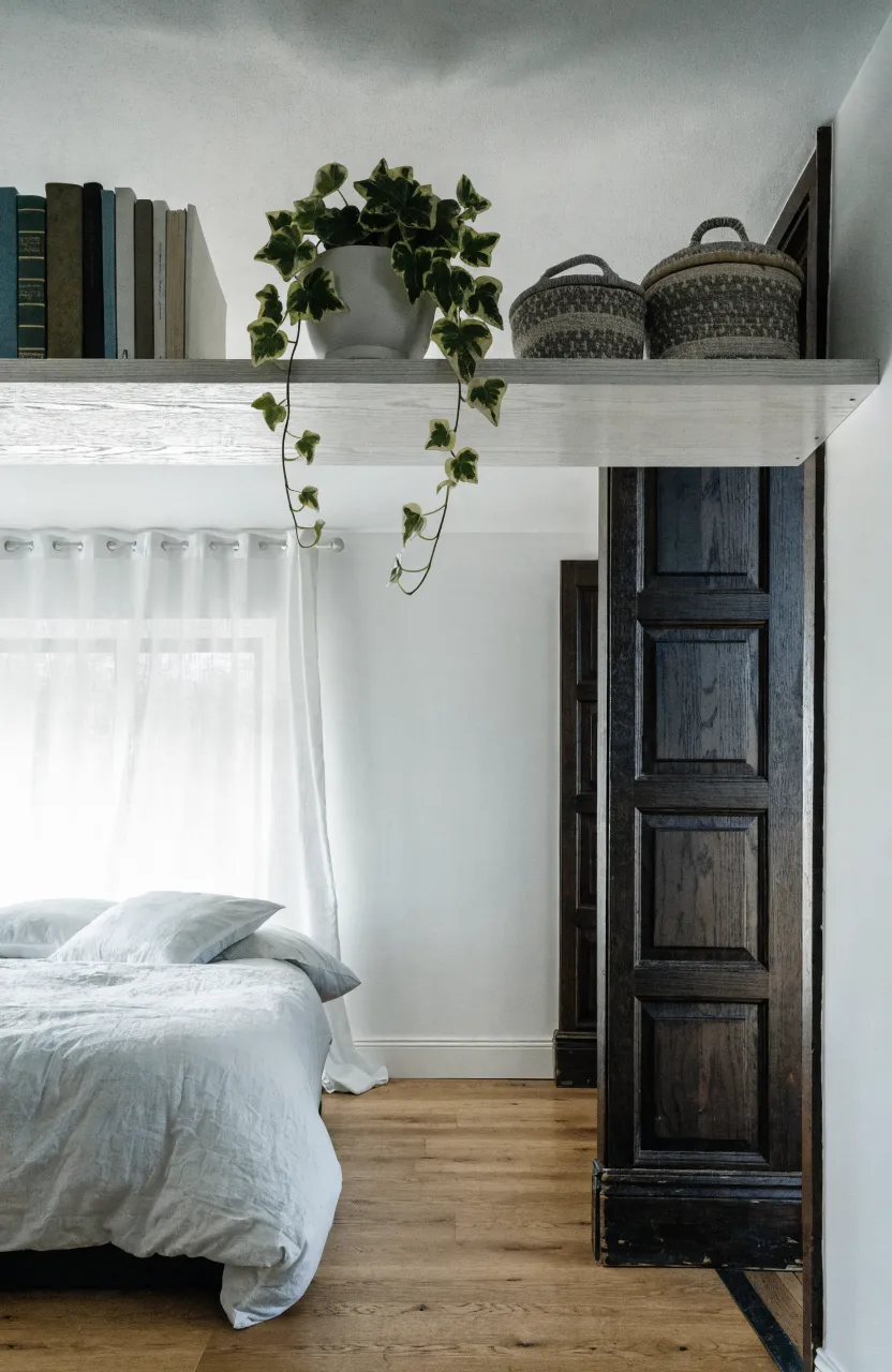 A white floating shelf installed above a bedroom door frame holding books and a small plant.