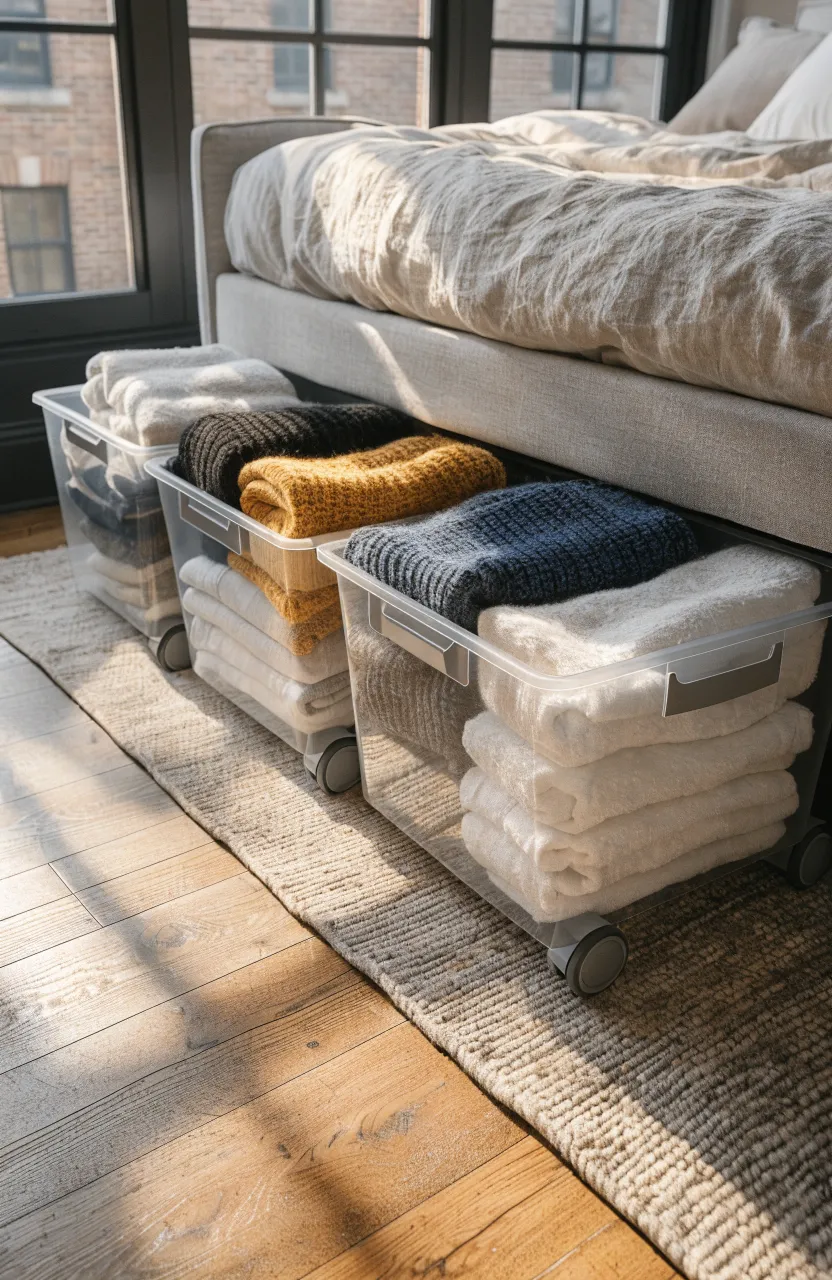 Clear plastic rolling storage bins filled with clothes tucked neatly under a grey upholstered bed.
