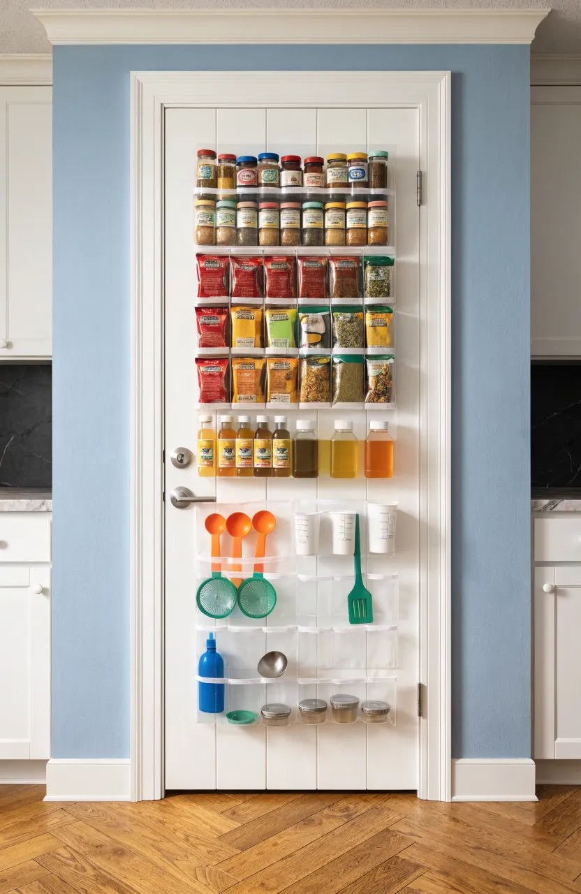 A clear over-the-door organizer hanging on a white pantry door filled with snacks and spices.