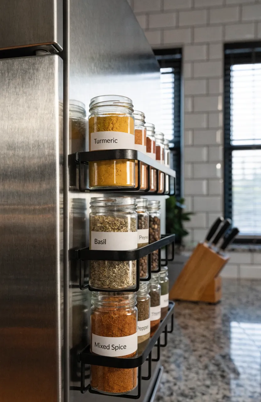 Black magnetic spice racks attached to the side of a stainless steel refrigerator in a kitchen.