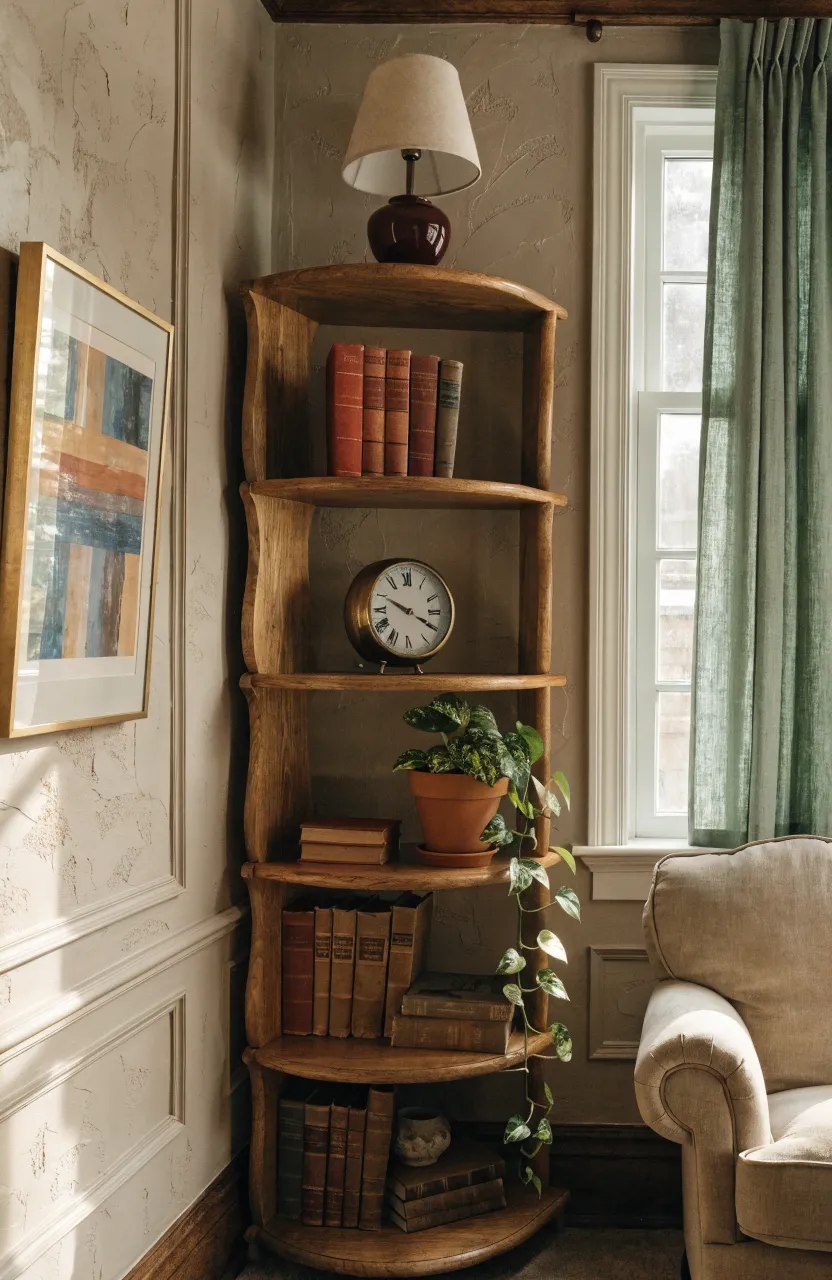 A five-tier wooden corner shelf in a living room holding a lamp, books, and a plant.