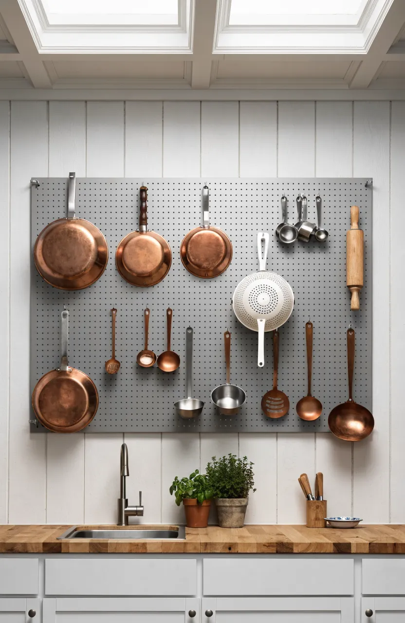 A grey pegboard on a kitchen wall hanging copper pots and various cooking utensils.