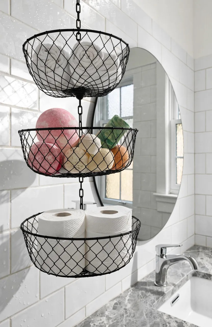 A three-tier black wire hanging basket in a bathroom holding towels and toiletries.